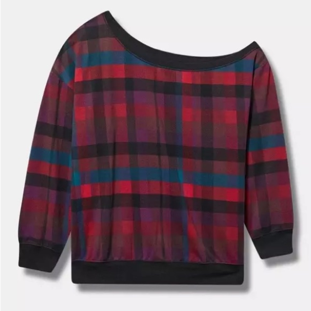 NWT Torrid Red Plaid Off-Shoulder French Terry Top – Size 1 - Picture 5 of 6